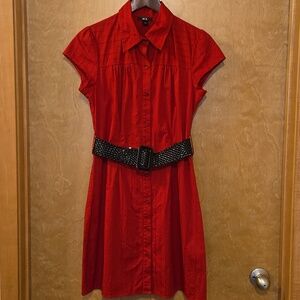 BCX Red Button-Down Dress with Black Belt